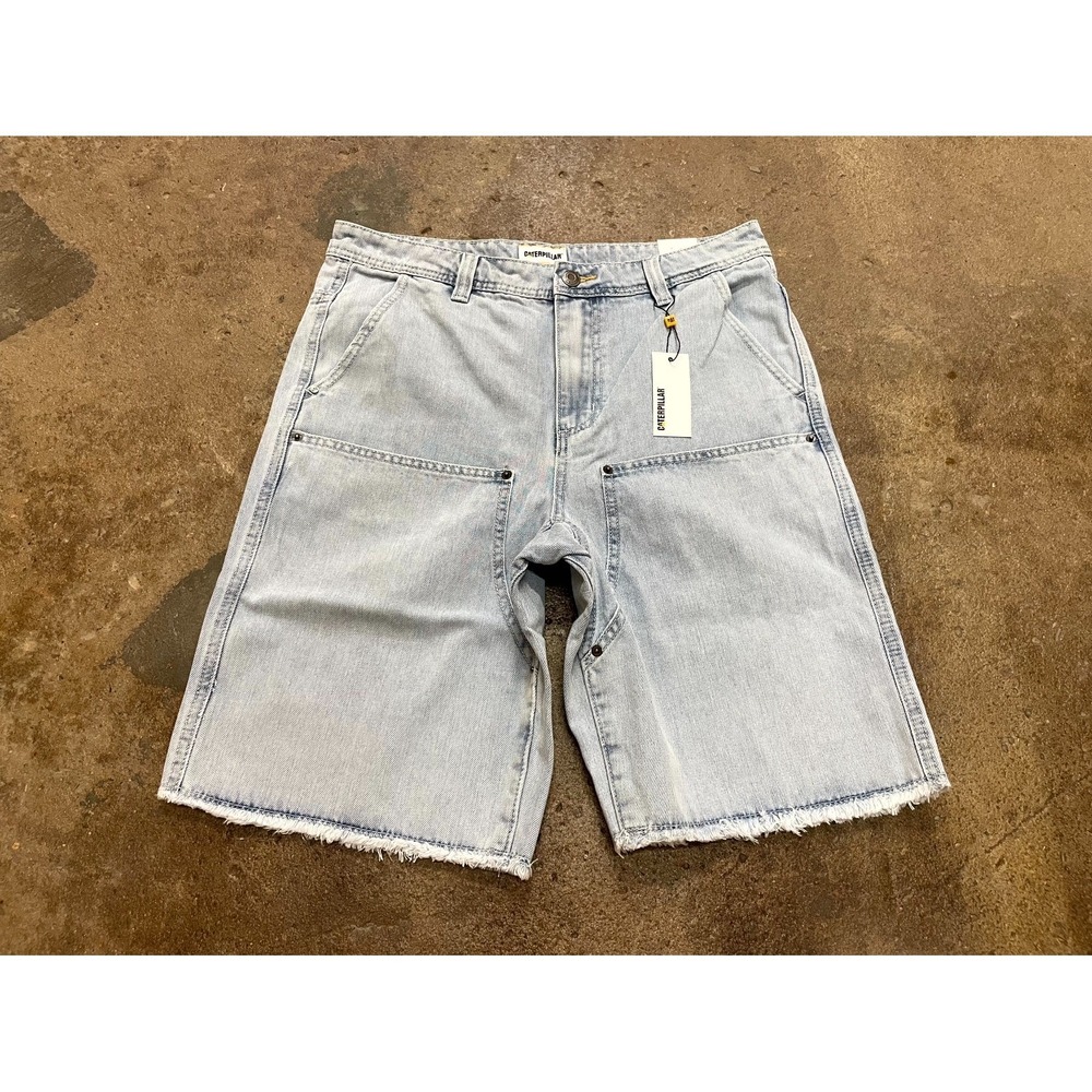 Caterpillar Shorts Mens 32 Blue Denim Double Knee Mid Rise Frayed Hem Workwear